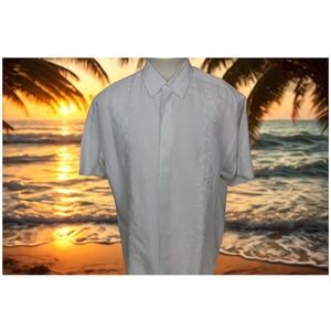 CUBAVERA Men's Hawaiian Embroidered Shirt 2XL White Linen Rayon Cuffed Sleeve